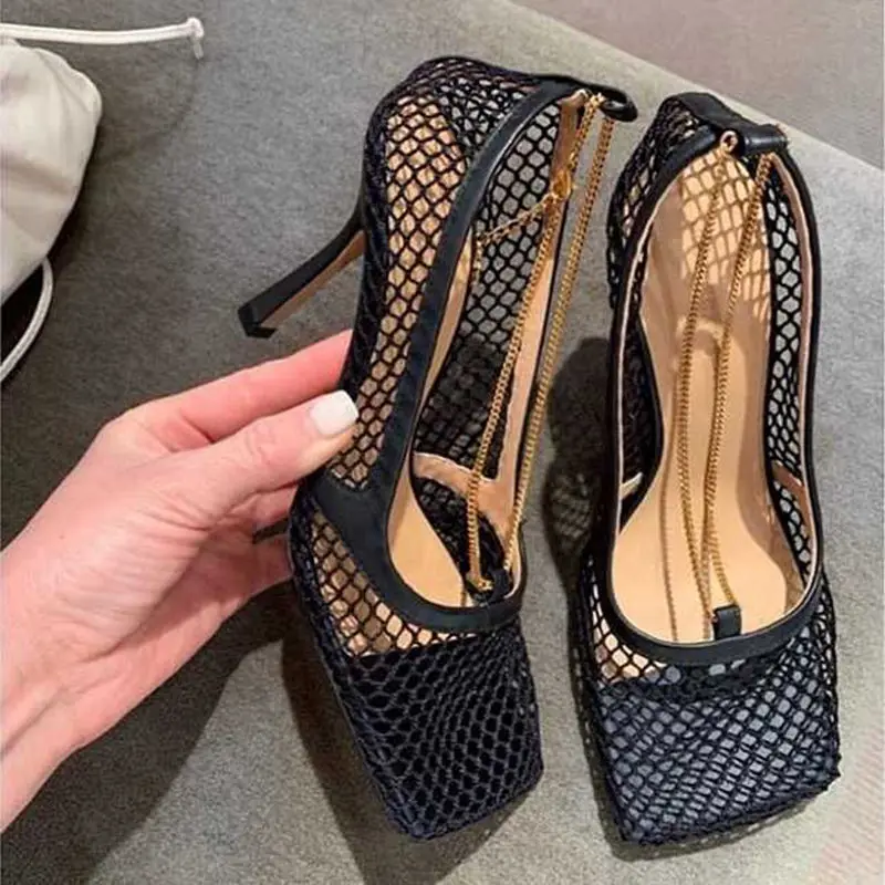 

Black Nude Mesh Pumps Woman New Summer Chains Square Toe High Heels Pumps Ladies Ugly Cutouts Slip on High-heeled Shoes Women