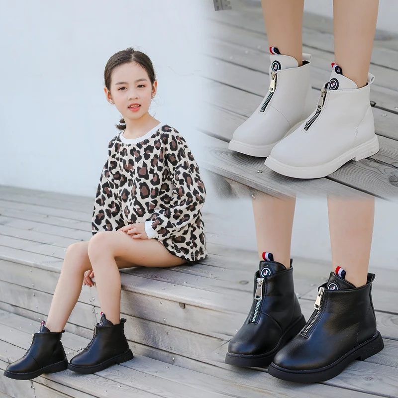 Г. Осенние модные ботинки для девочек кожаные ботильоны в Корейском стиле школьные зимние ботинки для больших девочек черного и белого цвета, размеры 27-37