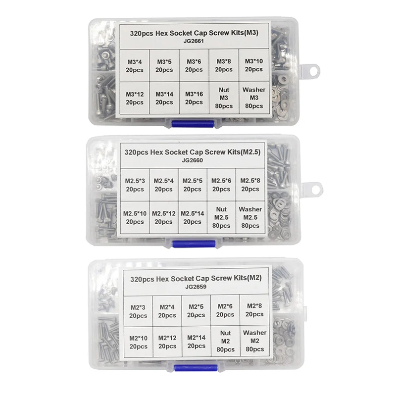 M2/M2.5/M3 304 Stainless Steel Hexagon Socket Head Cap Screws Bicycle Hex Bolts and Washers Assortment Kit 320Pcs/set