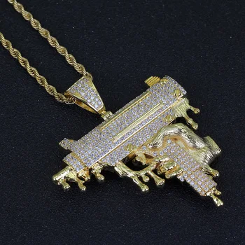 

Bling Bling Handgun Large Pendant Necklace Copper Inlaid Zircon Necklace Men/Female Hip Hop Jewelry Gold/Silver Colour Gifts