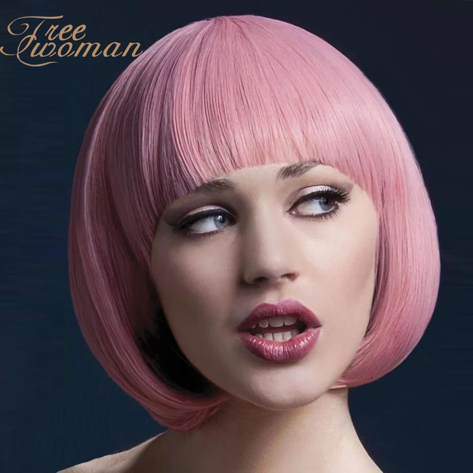 

FREEWOMAN Straight Synthetic Wigs With Bangs For Women Bob Wig Hairstyle Cosplay wig False Hair Pink Purple Green Lolita