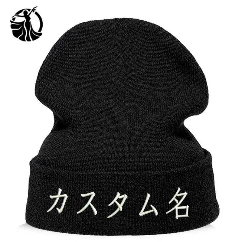 

Beanie Hat Personalized Custom Japanese Embroidery LetterText Name Logo Knit Skullie Cap Slouchy Winter Autumn Women and Men Hat