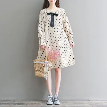 

Japanese Preppy Style Autumn Spring Women Cute Dress O Neck Apricot Polka Dot Pockets Dress Kawaii Corduroy Bow Sweet Girl Dress