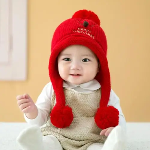 Милая шерстяная вязаная детская шапка с двойным помпоном с оленем, шапка с ушками, Рождественская теплая вязаная хлопковая шапочка, осенне-зимние теплые шапки - Цвет: Красный