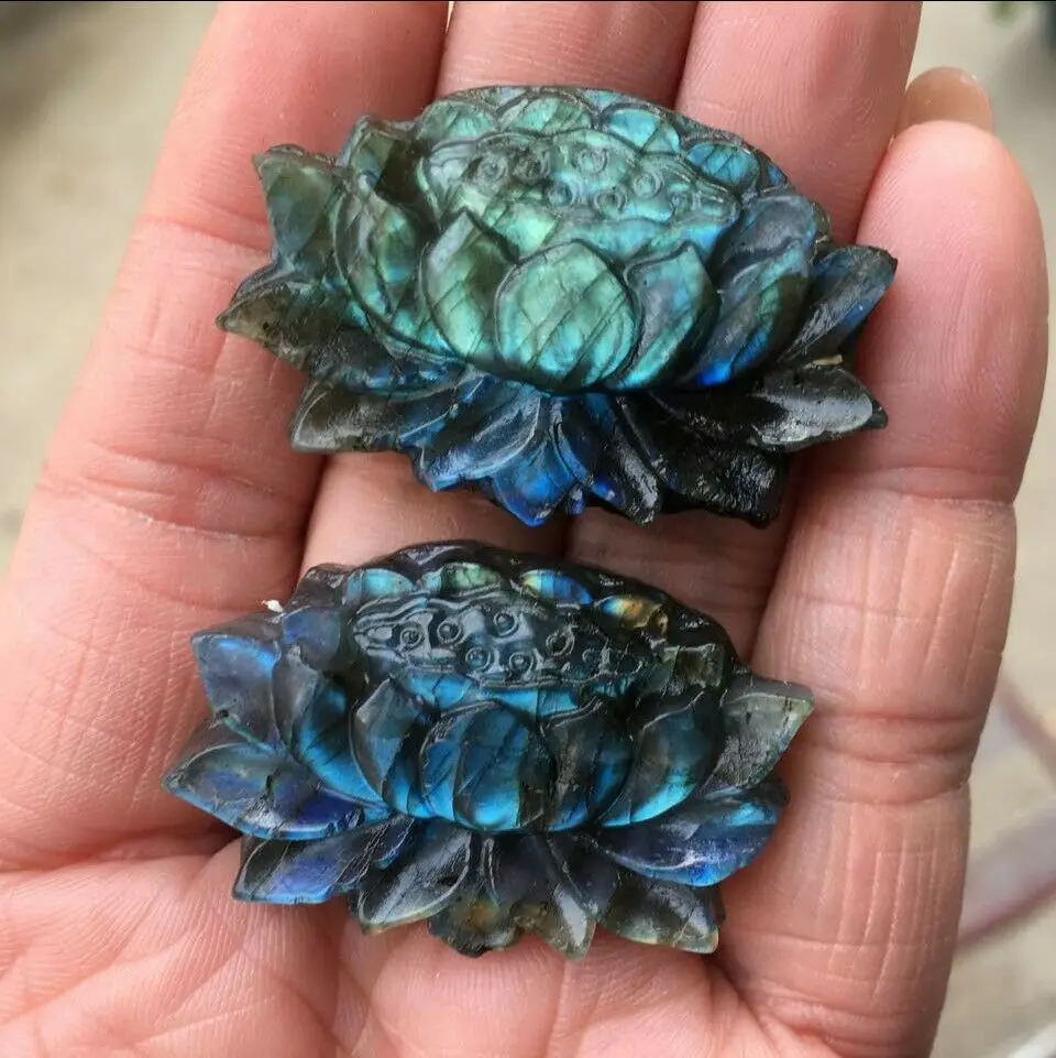 Natural Hand Carved Labrador Mineral Crystal Lotus Flower Statue Crystal Figurine Pendant Crafts Gifts 2