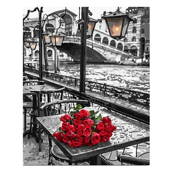 

Painted Painting Red Rose on The Table DIY Digital Oil Painting Hand-Painted Decorative Painting Framed
