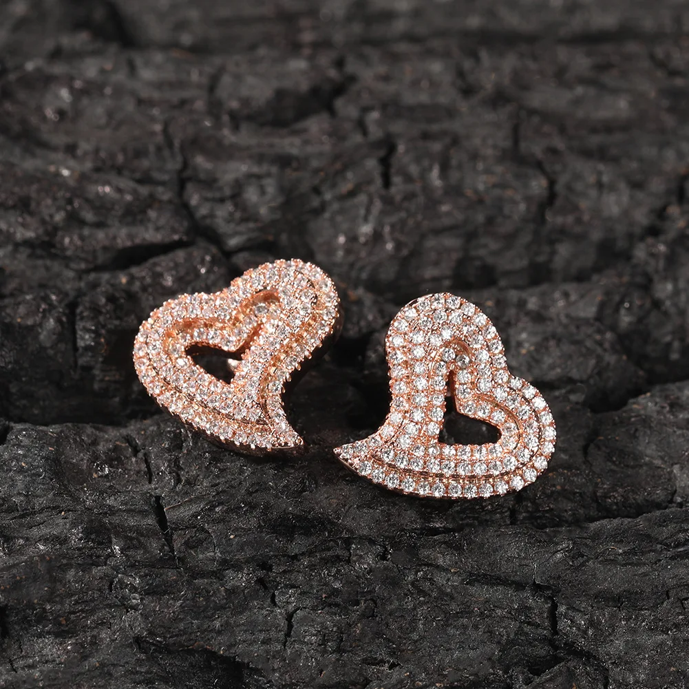 Stud earrings for women men Hollowed Out Heart Hip Hop Iced Out Gold Silver Color Ear Jewelry