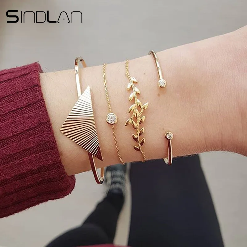 

Sindlan 4PCs Simple Gold Crystal Bangles for Women Punk Style Big Triangle Charm Bracelets Set Cool Fashion Wrist Chain Jewelry