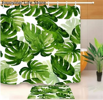 

Green Leaves Shower Curtain Set Waterproof Fabric Shower Curtain Bathroom Bath Mat Rugs with Mat 12 Hooks