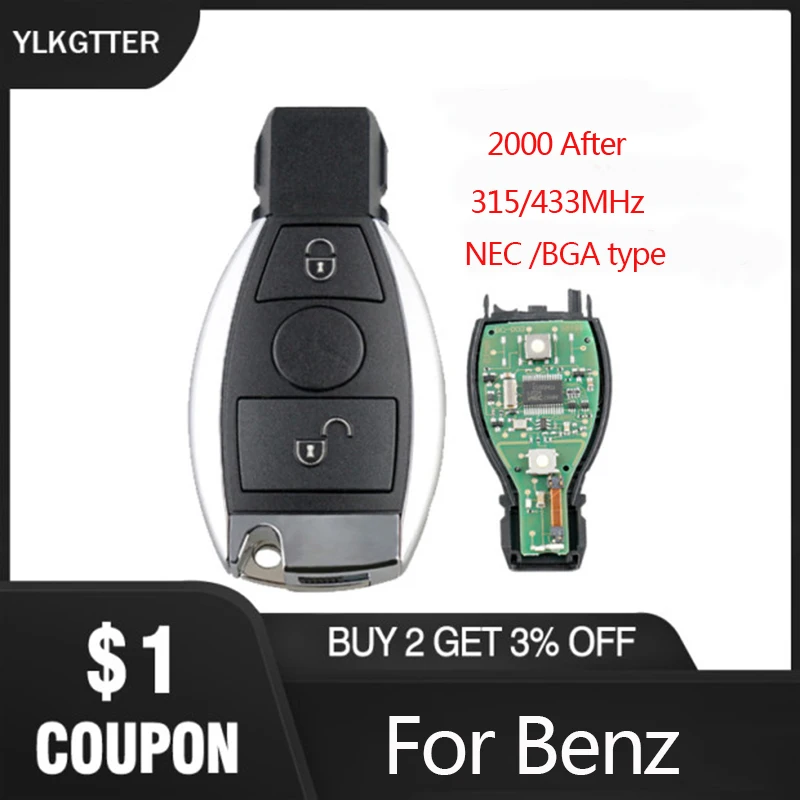 

YLKGTTER 433/315MHz Remote Smart Key Suit for Mercedes Benz 2 Buttons Can Replace Original NEC and BGA Type Year 2000 and after