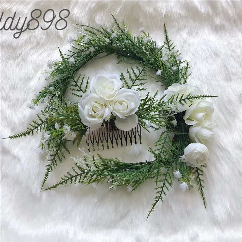 Bridal Wedding Hair Accessories Boho Greenery Flower Crown Comb Headband Headpiece tocados flores bodas bandeaux mariée | Свадьбы и