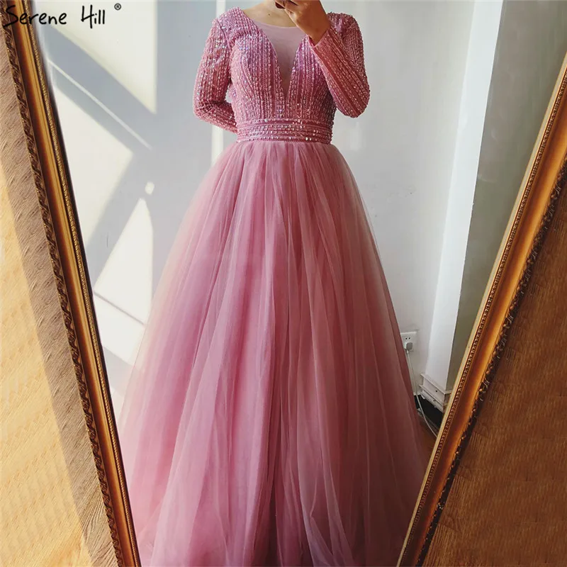 Dubai Pink V-Neck Lace Up Prom Dresses 2020 Long Sleeves Sequins Beading A-Line Long Prom Gowns Serene Hill BLA70237