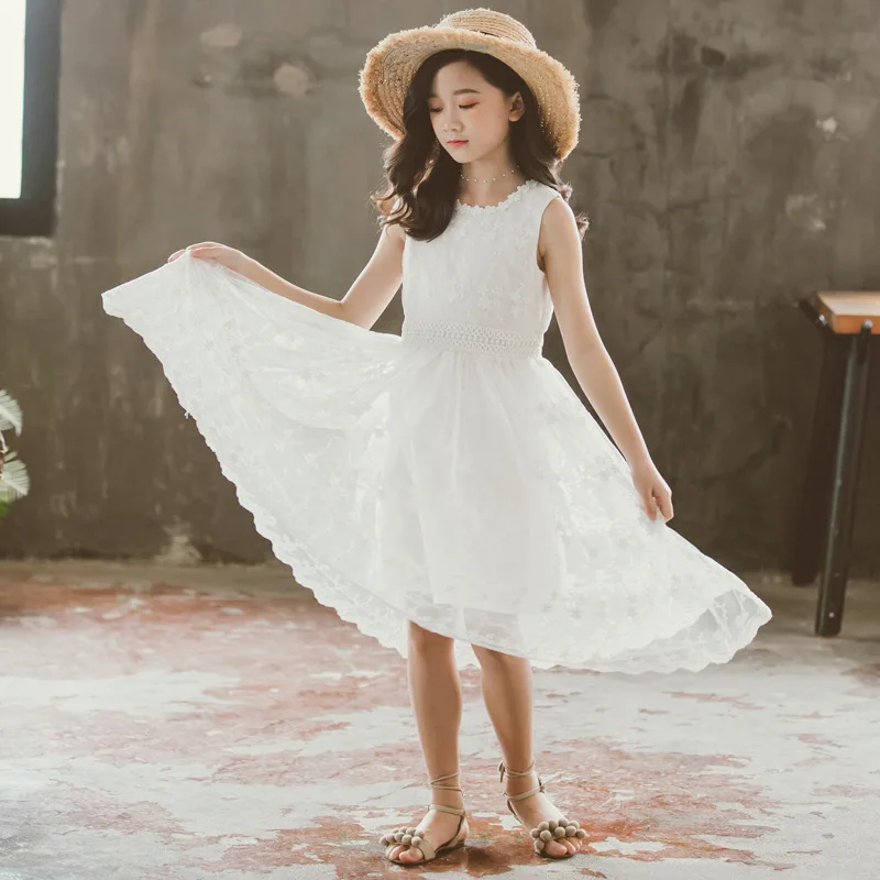 

Girls Dress 2019 Summer New Style White Lace Princess Dress Vest Skirt CHILDREN'S DAY Performance Fairy Skirt Long Skirts