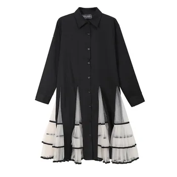 

Women Spring Autumn 2020 Turn Down Collar Patchwork Mesh Pleated Dress Elegant Retro Casual Black Long Sleeve Dress Big Size