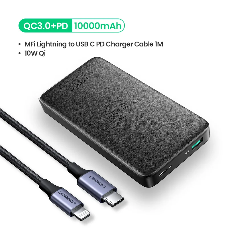 Ugreen power Bank 10000 мАч портативное быстрое зарядное устройство Быстрая зарядка 4,0 3,0 QC3.0 Qi Беспроводная зарядка для iPhone 11 Xs 8 PD повербанк - Цвет: MFi Power Bank 1