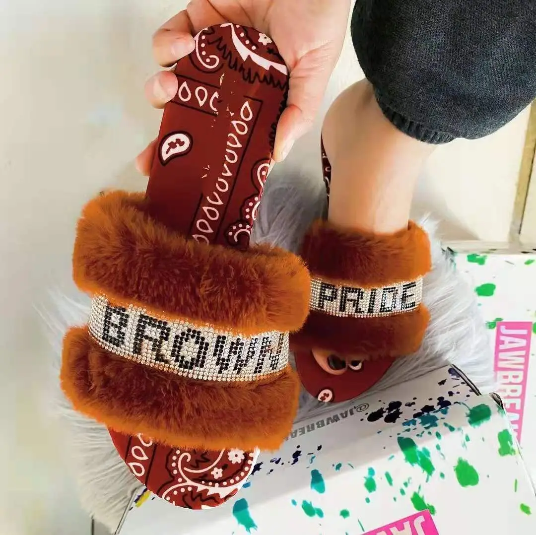 Female Slippers Women Warm Crystal Fluffy