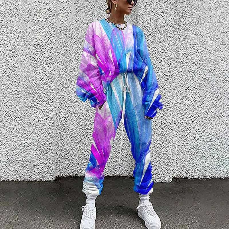 sexy pant suit Women Tie Dye Print Tracksuits Two Piece Set 2022 Spring Female Fashion Casual Long Sleeve Pullovers And High Waist Pants Suits pant suits for older ladies Suits & Blazers