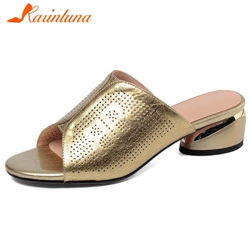 

Karinluna 2020 New Arrivals Genuine Cow Leather Strange Style Summer Shoes Woman Pumps Mules Peep Toe Slip-On Casual Pumps Women