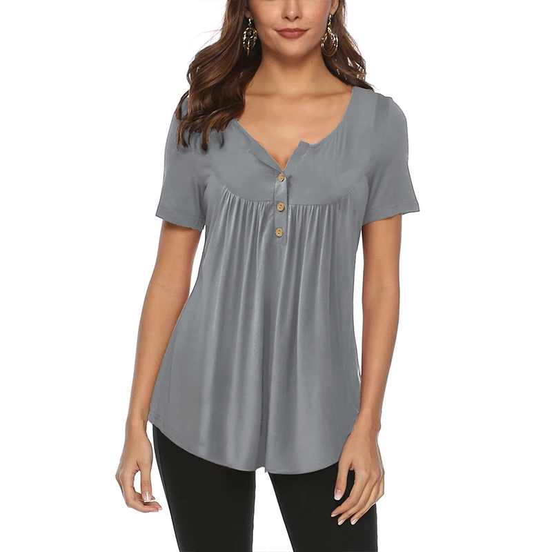 

Solid Ruffles Button Detail Tunic Summer Sexy Split V-Neck Short Sleeve Blouse Women Casual Tops Fashion Woman Blouses 2020