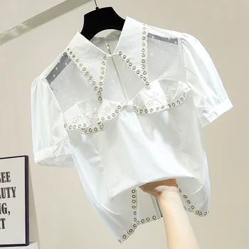 

Women's Summer Top Sequins Sweet Bubble Sleeve Behind Zipper Short Mesh Splicing Hollow Sexy Embroidered Flower Shirt Blusas