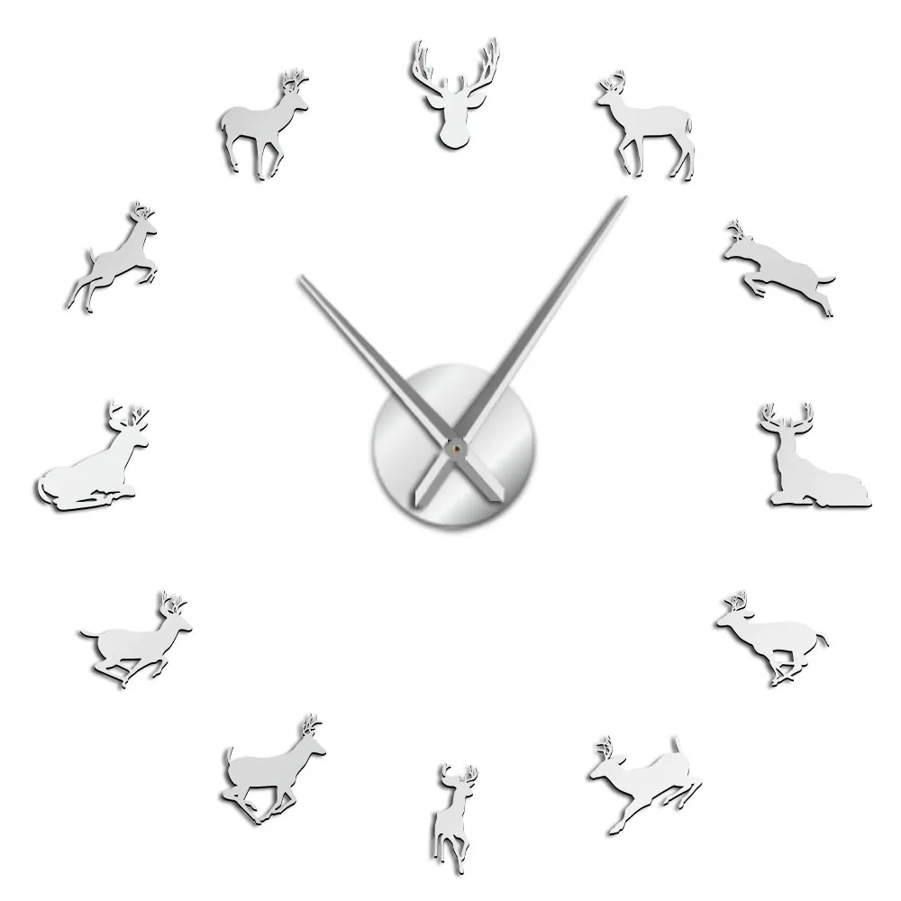 DIY Deer Head Giant Wall Clock Woodland Deer Hunter Modern Deer Antler Wall Clock Acrylic Mirror Effect Animals Home Decorations