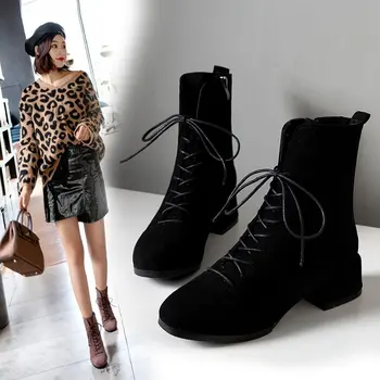 2020 autumn and winter new large size short boots 43 women #8217 s heels lace up tube boots fashion retro British style women #8217 s boots tanie i dobre opinie LANSHITINA Flock ANKLE Cross-tied Solid Adult Square heel Chelsea Boots Round Toe Spring Autumn Rubber Low (1cm-3cm) Fits true to size take your normal size