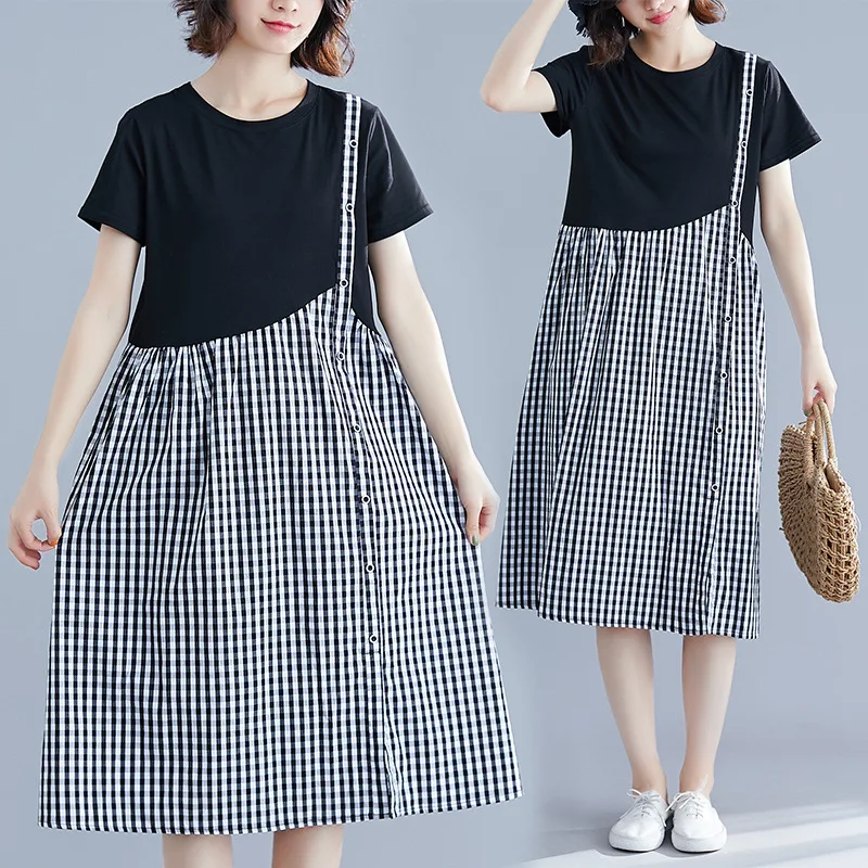 

Large Size Dress Fat Mm Plaid Stitching Fake Two-Piece Cover Meat Slimming by Age Dress