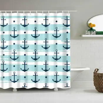 

Waterproof Thicken Anchor Blue Bathroom Polyester Mildew Proof Bath Tub Shower Curtain with 12 pcs Hooks