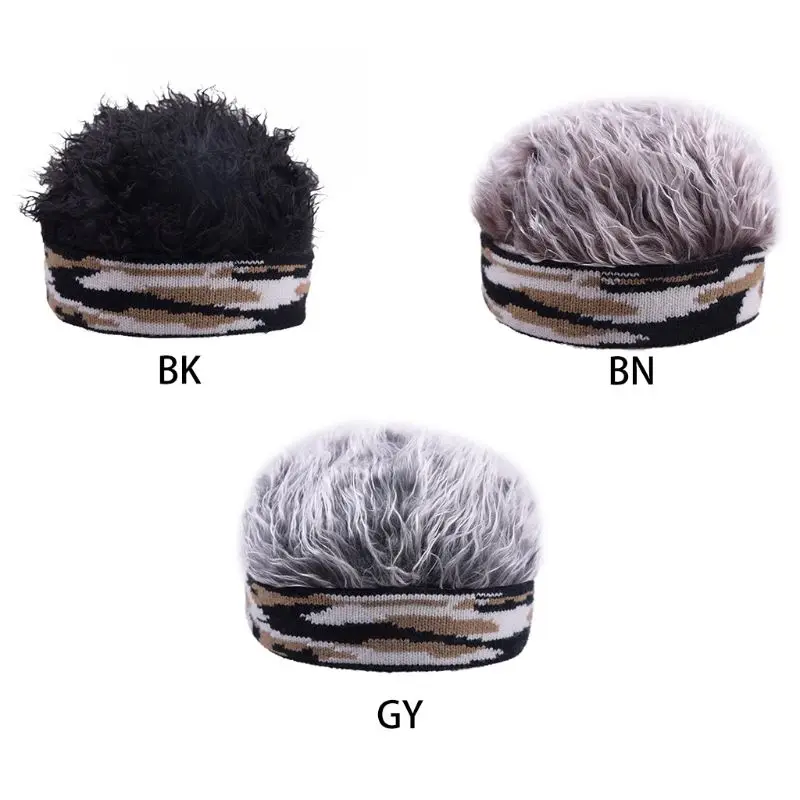 Unisex Short Wig Brimless Beanie Hat Fake Hair Camouflage Knit Landlord