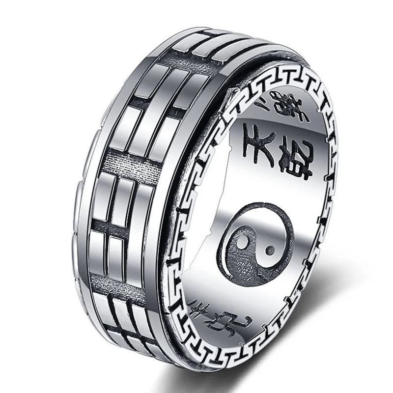 

925 Sterling Silver Chinese Gossip Map Signet Ring Wide Band Style Rough Ring Geometry Statement Minimalist Jewelry Size 9/10/11