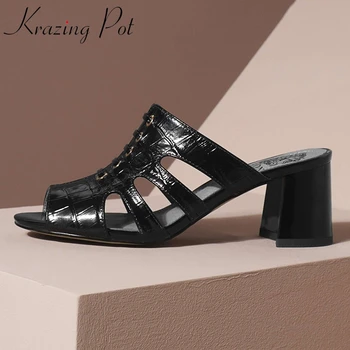 

Krazing pot plus size peep toe genuine leather high heels simple style beauty lady daily wear slip on summer sandals women L64