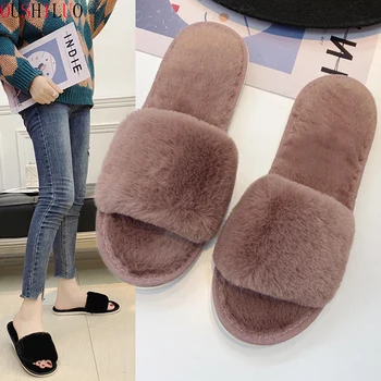 

Winter House Shoes Women Home Slippers Warm Faux Fur Ladies Soft Plush Furry Female Open Toe Slides Fashion Shoes