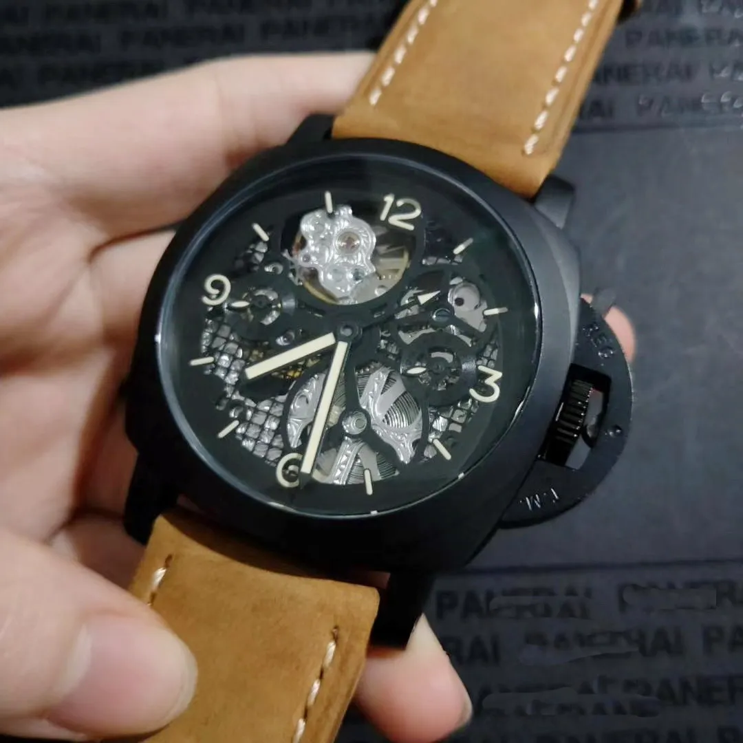 

Luxury Brand New Men Automatic Mechanical Sapphire Stainless Steel Watch Brown Leather Skeleton Luminous Full Black Glass Back