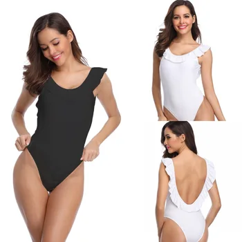 

2020 Backless Swimsuit Women Lotus leaf One-piece Bathing Suit Women's-Solid Color Flash Black White plus size swimwear