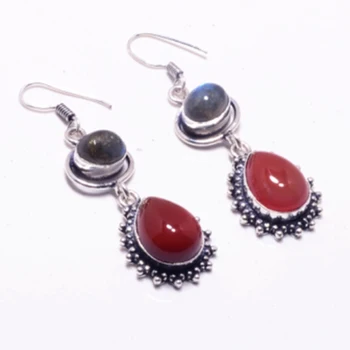 

Genuine Labradorite + Carnelian Earrings Silver Overlay over Copper , Hand made Women Jewelry Gift, E5544