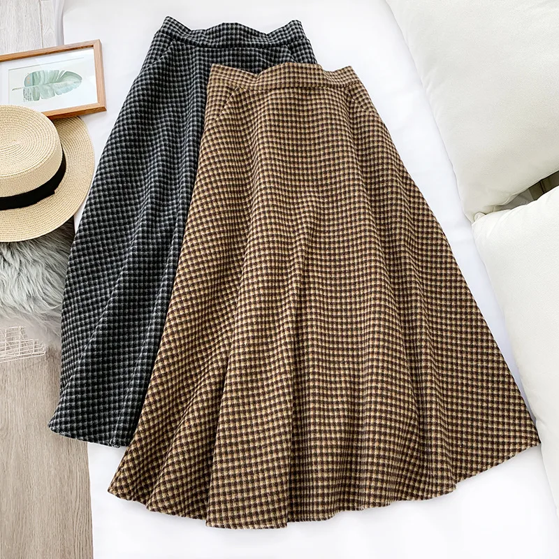 

AcFirst Winter Gray Khaki Women Skirts High Waist Woolen Skirts Mid-Calf Long Skirt Clothing A-Line Vintage Plaid Skirts