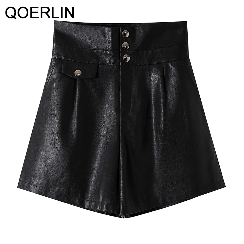 QOERLIN PU leather Shorts Women Boot Outfit High Waist Wide Leg Short Trousers Chic Pocket Button Shorts Hotpants Shorts S-XL