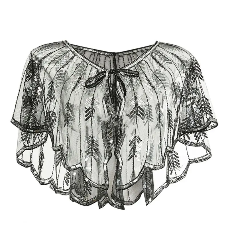 Серебристый Женская шаль 1920 s, блестящая, с металлическими листьями, с блестками, вечерняя накидка, с завязками, на шнуровке, свадебное болеро, накидка - Цвет: Серебристый