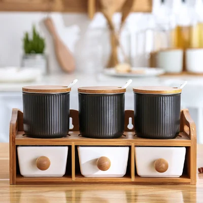 Japanese style ceramic seasoning jar underglaze color seasoning bottle set  home kitchen with tray salt shaker seasoning bottle - Shop XIE PORCELAIN  Food Storage - Pinkoi