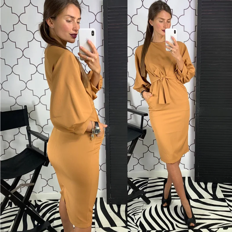 Women Vintage Lantern Sleeve Sashes Party D ress Long Sleeve O neck Solid Sheath Elegant Casual Dress 2019 Autumn Fashion Dress