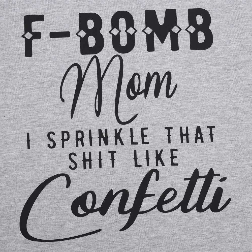 Женская футболка с круглым вырезом Bomb Mom confett серая Базовая принтом лето