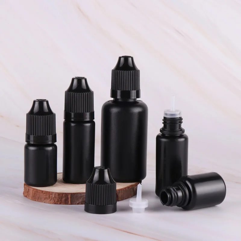 50pcs  5ML 10ML 15ML 30ML Black PE E Liquid Bottle Easy to Squeeze Plastic Dropper Vials With Childproof Caps And Long Thin Tips