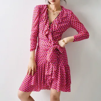 

Women's Rose Wrap Dress Long Sleeve Ruffle 2020 New Dot Print Asymmetrical Office Ladies Spring Summer Sweet Dress With Sashes