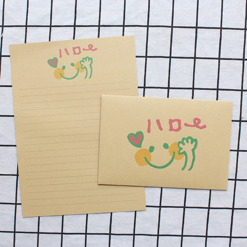 Kawaii Brown Kids Painting Letter Envelope Set Creative Cute Cartoon Face Kraft Paper Color Invitation Message Stationery Gift 5