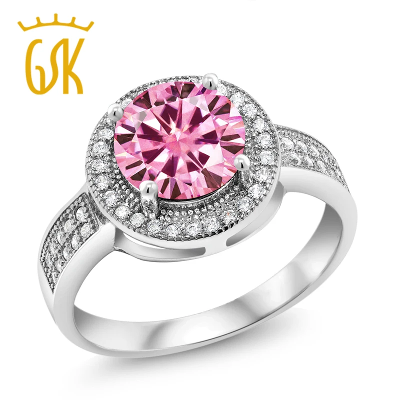 Кольцо GemStoneKing 925 пробы серебряное круглое розовое создано Moissanite 1.90ct роса