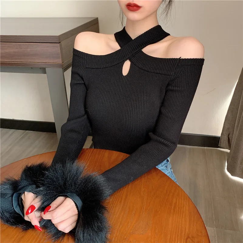 Лоскутные меховые свитера с длинным рукавом, пуловеры для женщин, одноцветные топы с открытыми плечами, пуловер, свитер для женщин, осень-весна, DX2117
