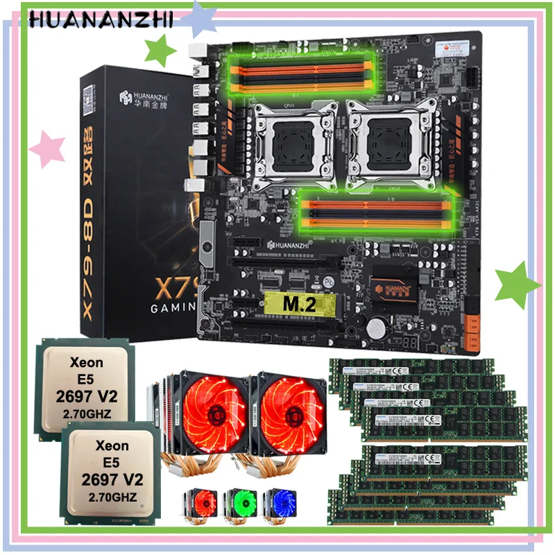 #^Special Price HUANANZHI X79-8D dual X79 motherboard with M.2 NVMe SSD slot dual CPU Xeon E5 2697 V2 with dual coolers RAM 256G(8*32G) REG ECC