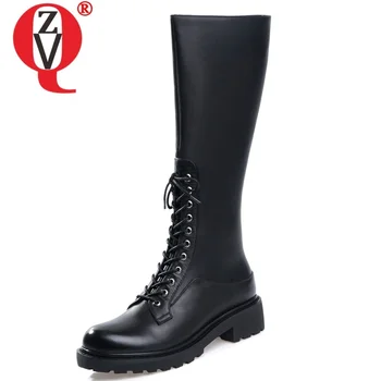 

ZVQ autumn new concise casual knee high boots outside comfortable mid heels platform cross-tied zip women shoes drop shipping