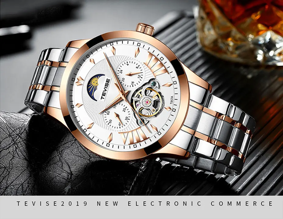 Люксовый бренд Tevise Tourbillon Мужские автоматические механические часы Защита от солнца часы для мужчин Полный нержавеющая сталь подарки Relogio Masculino