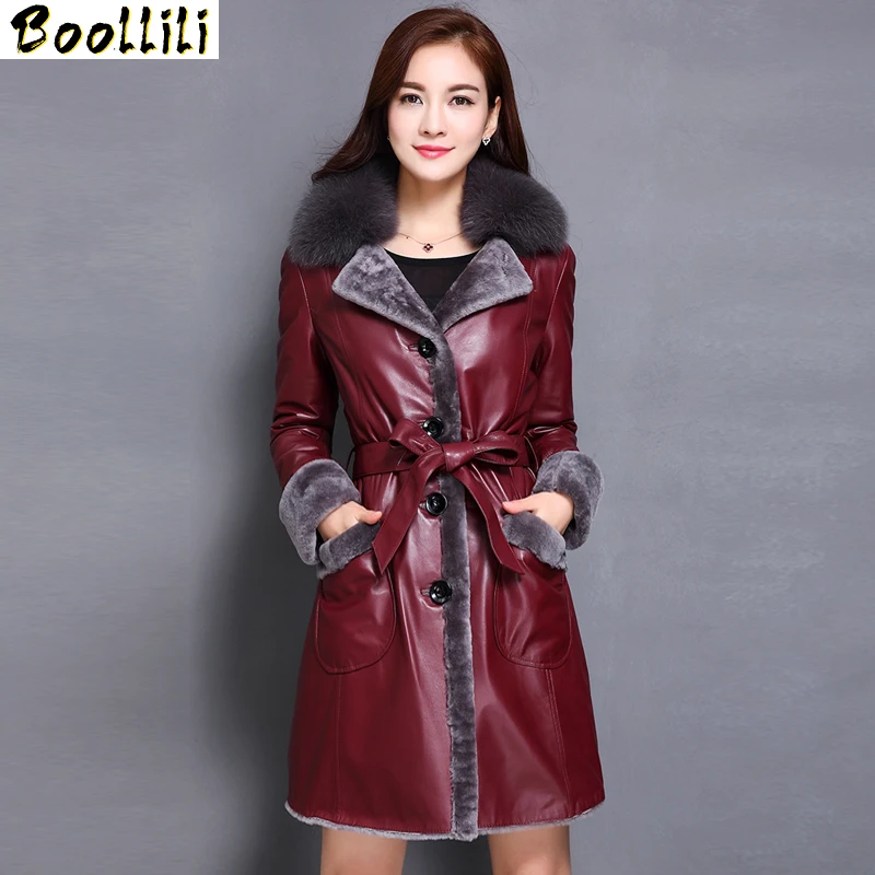 

Boollili 2020 Winter Genuine Leather Jacket Women Long Sheepskin Coat Natural Wool Fur Shearling Jacket Fox Fur Collar